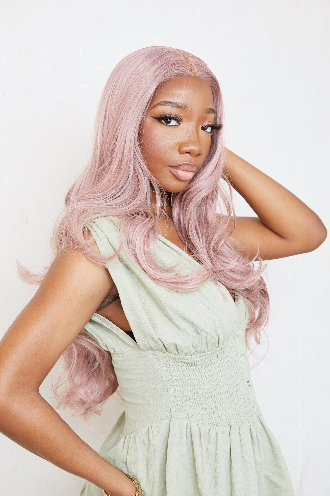 Rosé: 24-Inch Long Champagne Pink Heat Resistant Lace Frontal Synthetic Fibre Wig