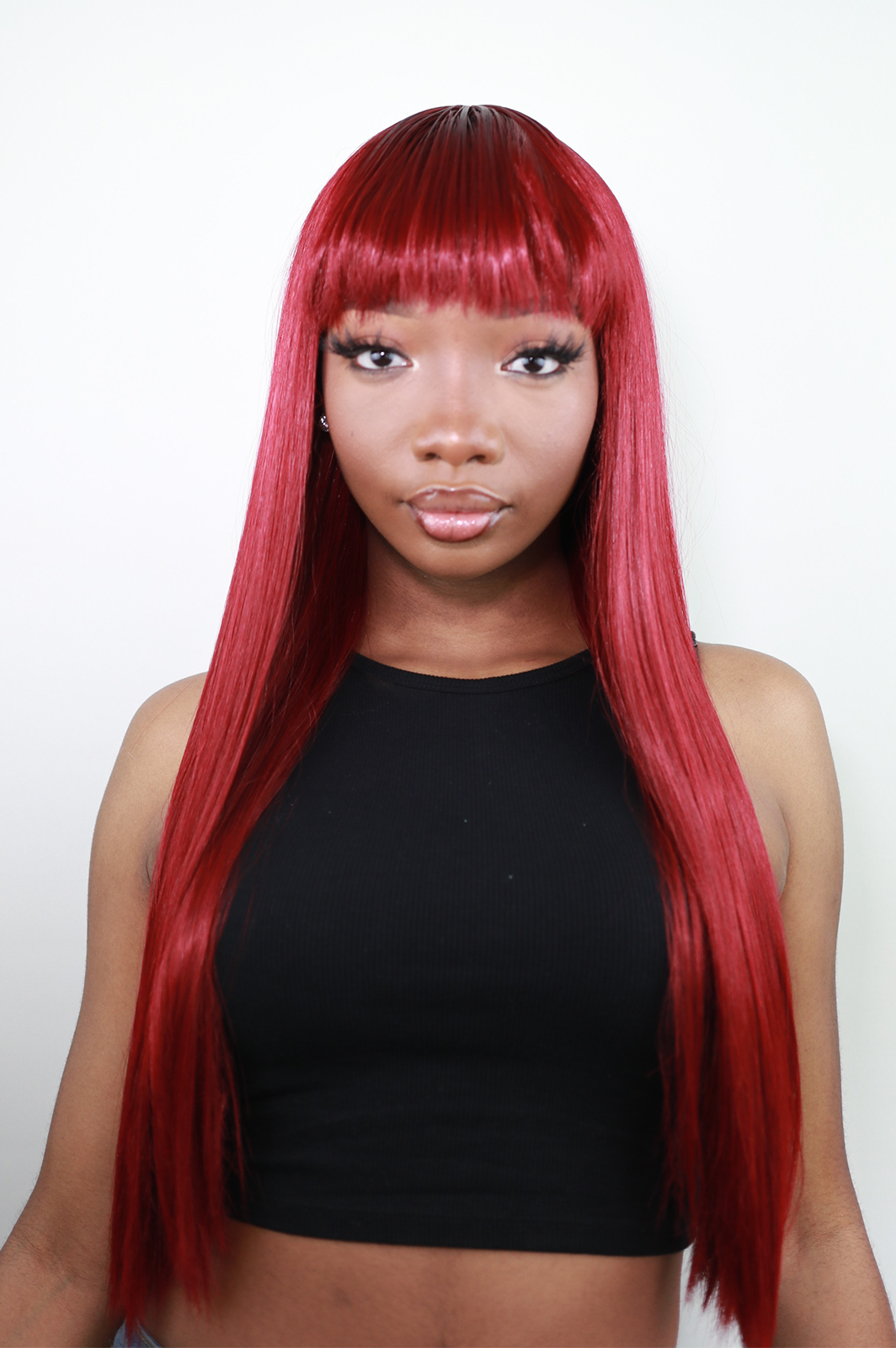 Iskaba Burgundy: 22-Inch Long Heat Resistant Synthetic Wig with Bangs