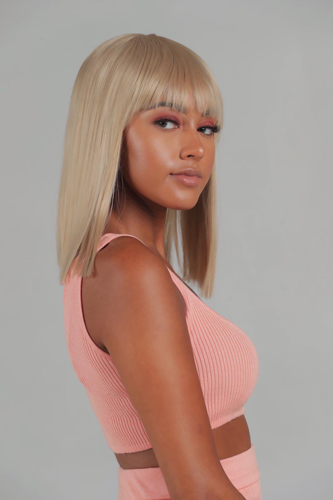 Iskaba Blonde Bob: 12-Inch Long Blonde Heat Resistant Synthetic Wig with Bangs